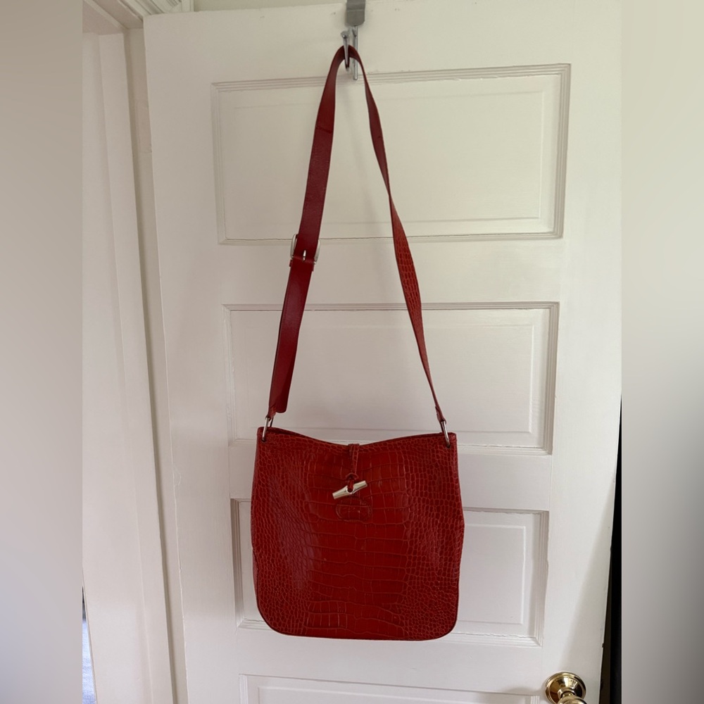 Longchamp Le Roseau Red Crocodile-Embossed Shoulder Bag - Picture 2 of 5